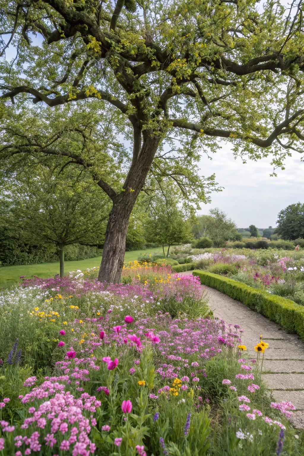 A tree with a colorful meadow of wildflowers, accentuating the garden's inherent beauty.