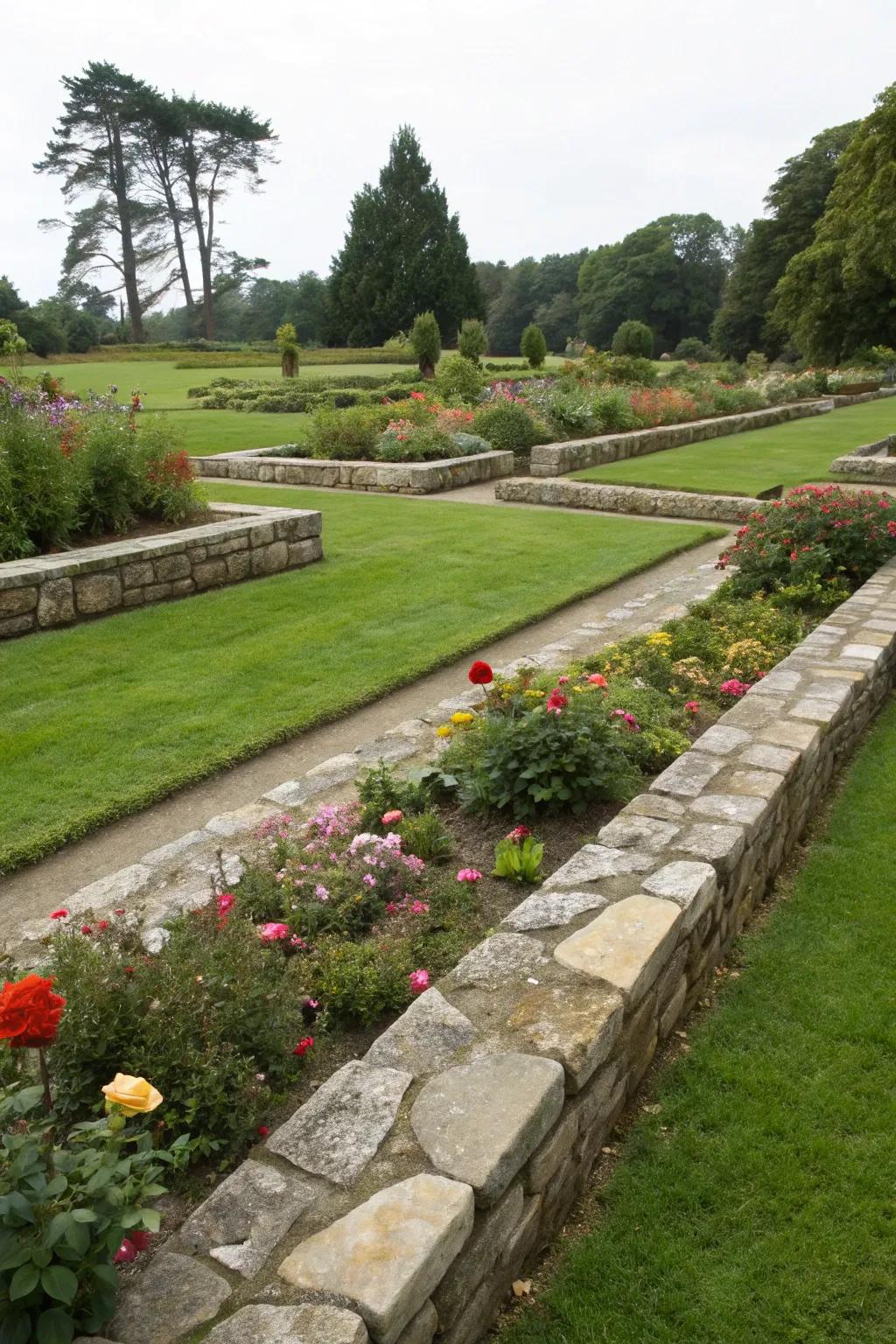 Stone borders elegantly separate and define garden areas.