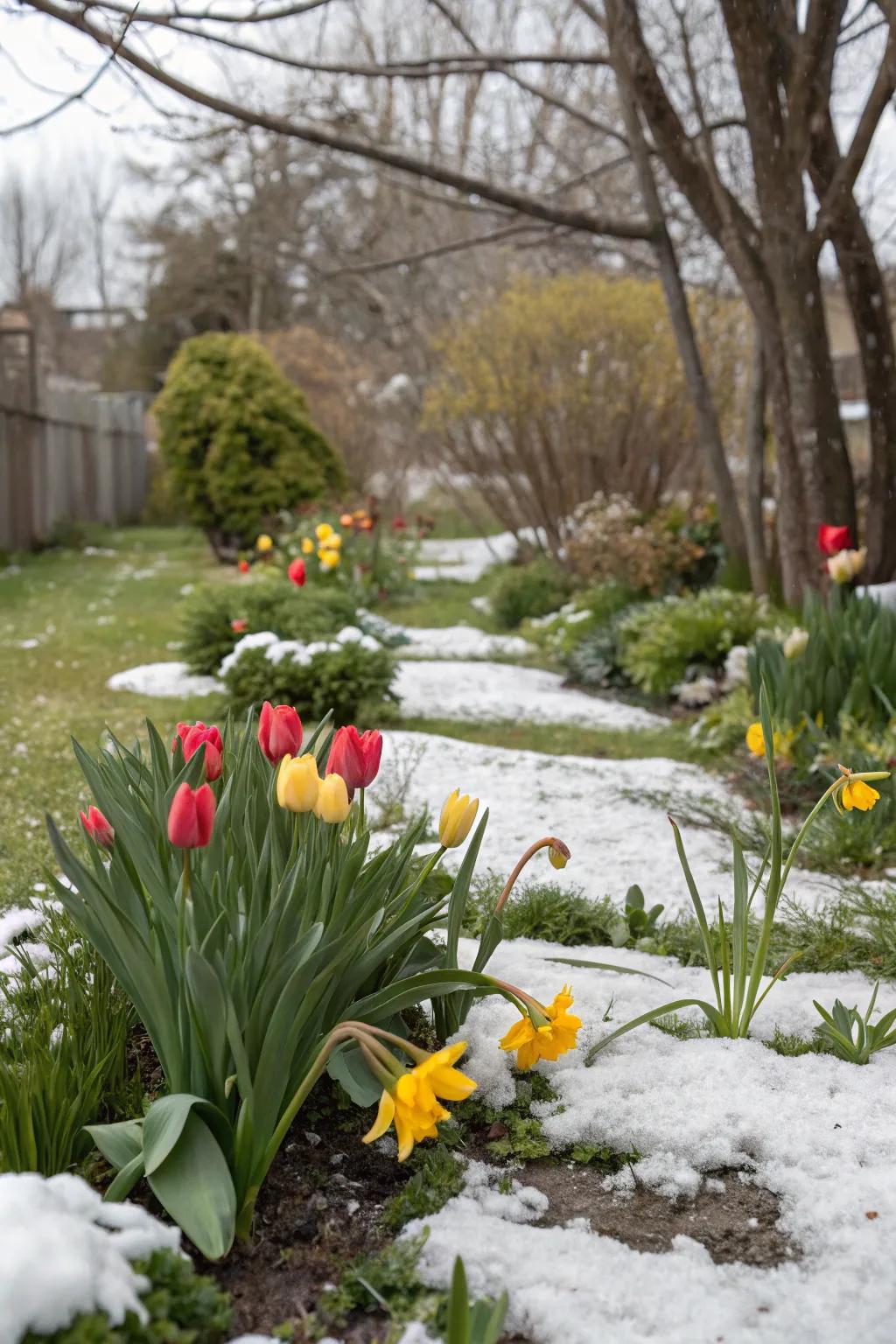 Tulips and daffodils marking the shift from winter to spring in the garden.