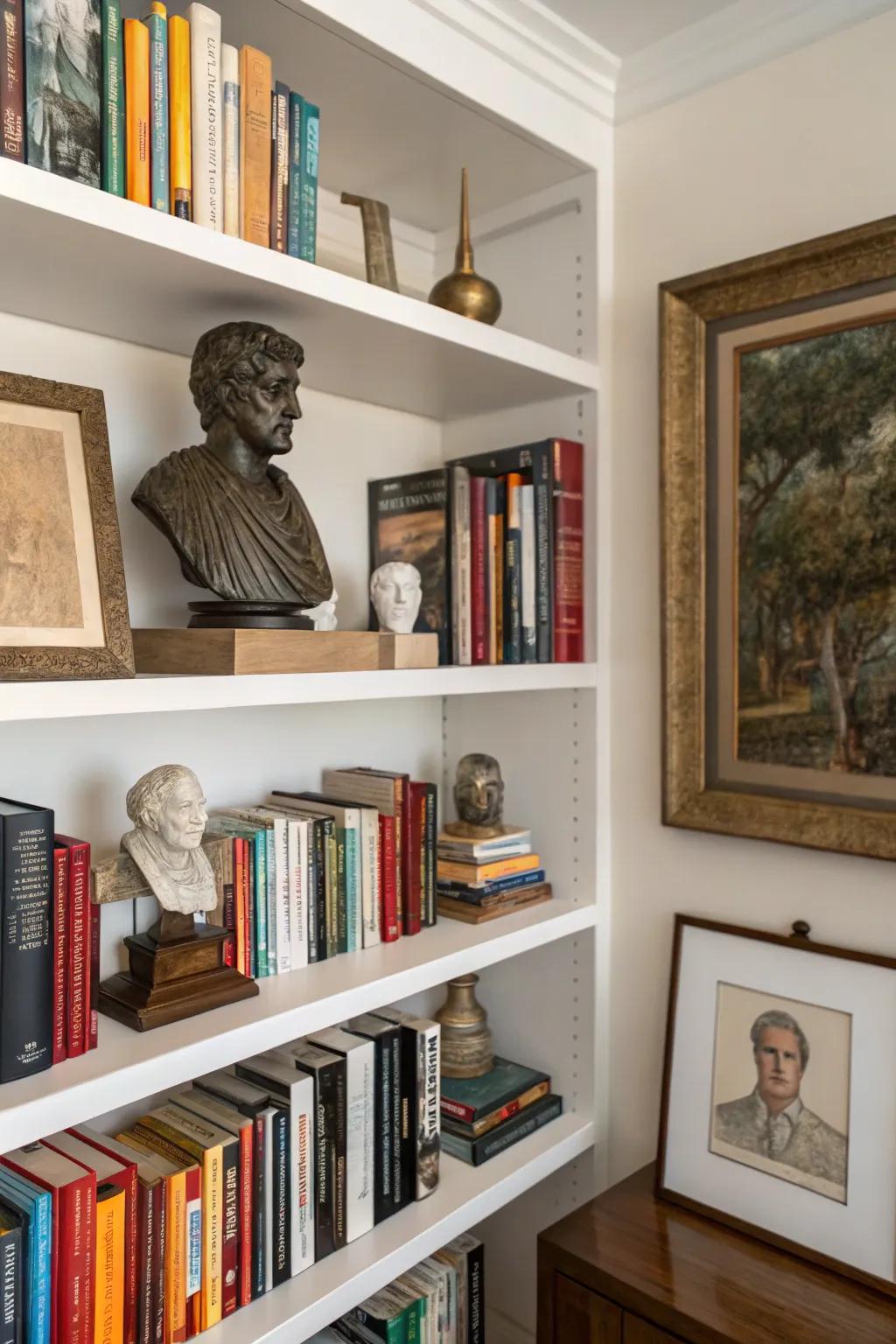 Artistic elements lend a hint of sophistication to this thoughtfully arranged bookshelf.