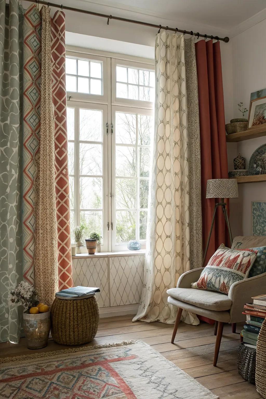Eclectic curtain combinations enhance a personalized style.