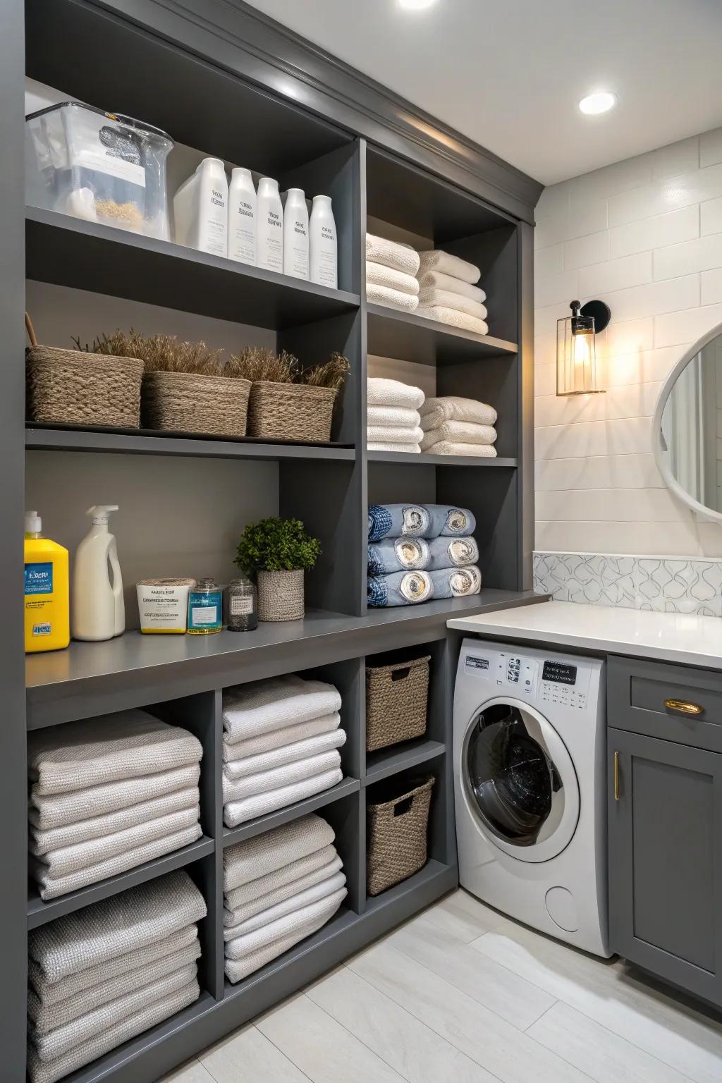 Built-in shelves that are perfectly integrated provide optimal storage.