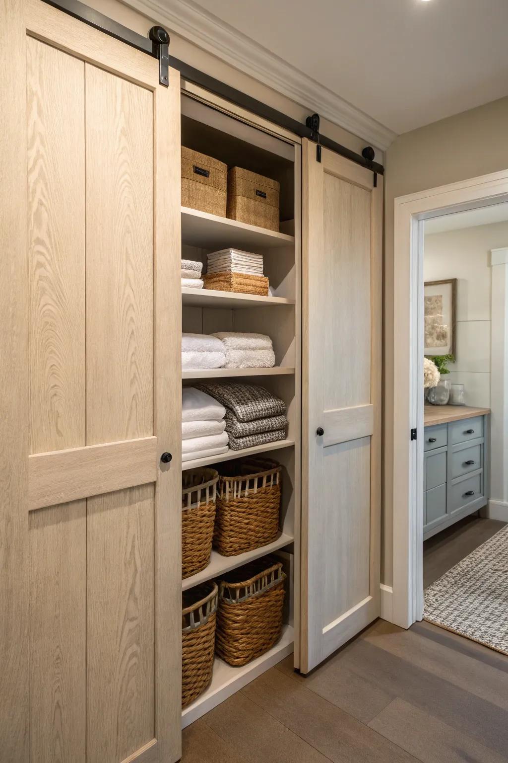 A gliding door conceals contents and economizes area in a linen closet.