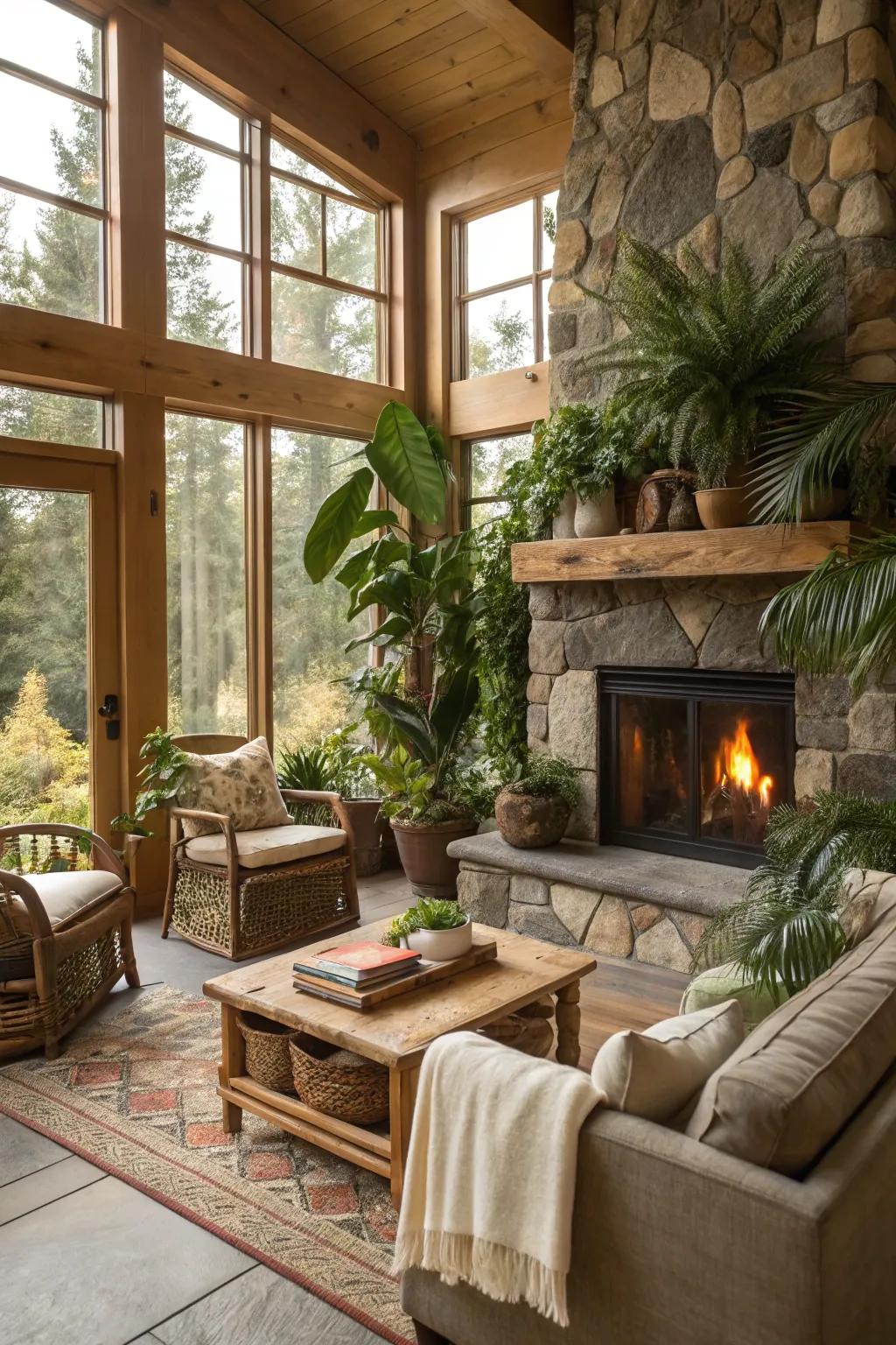 A nature-inspired living space that features a pacifying hearth setting.