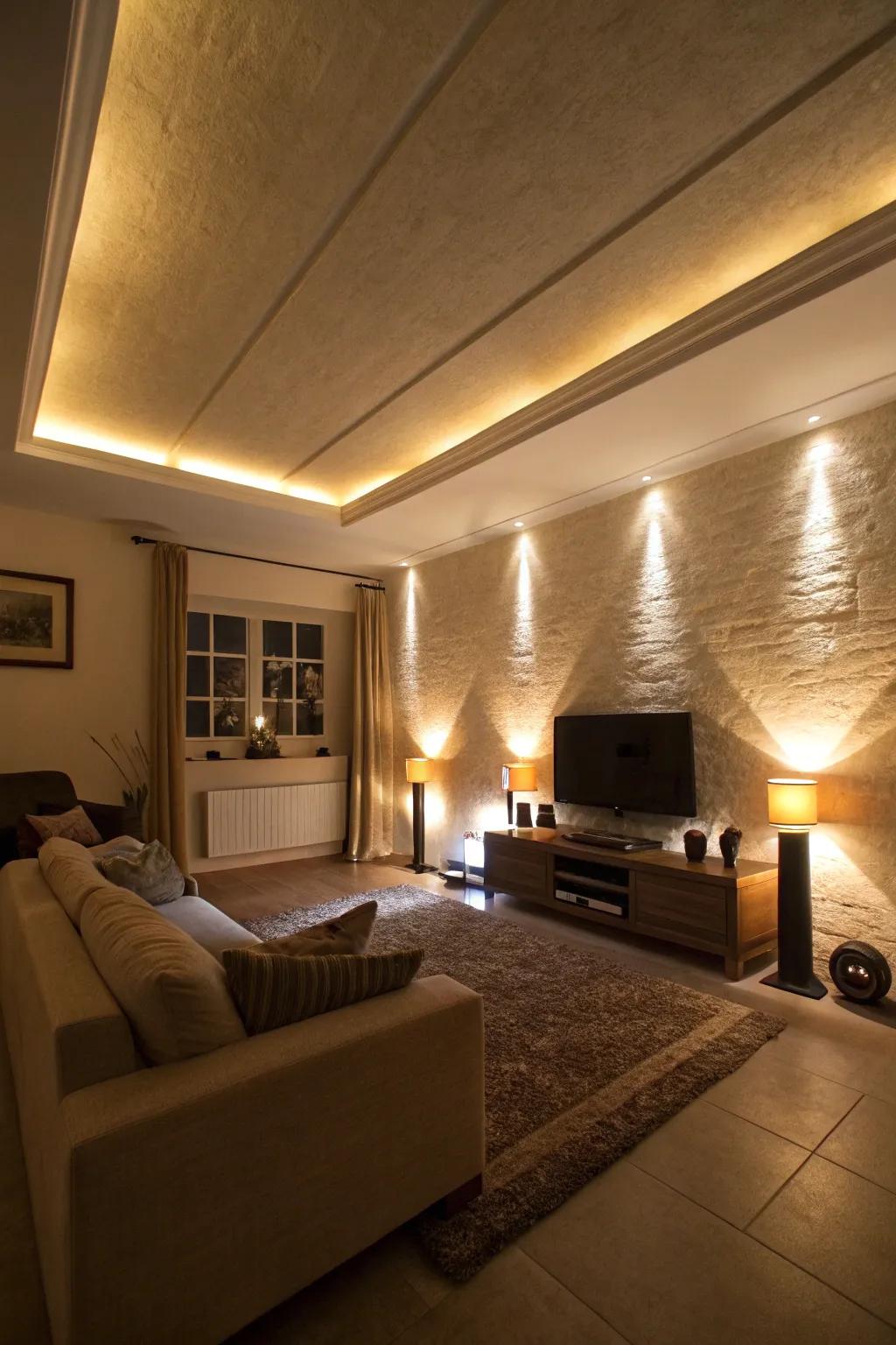 Floor uplights establish theatrical and distinctive lighting consequences.