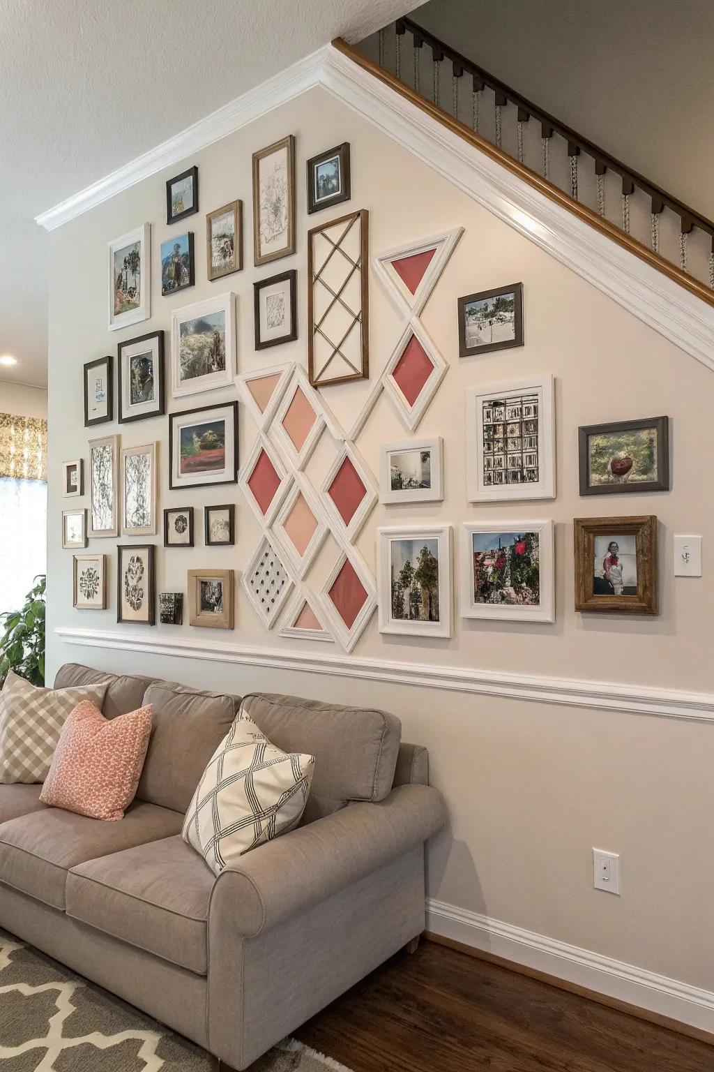 Geometry-inspired arrangements create a bold statement in your photo display.