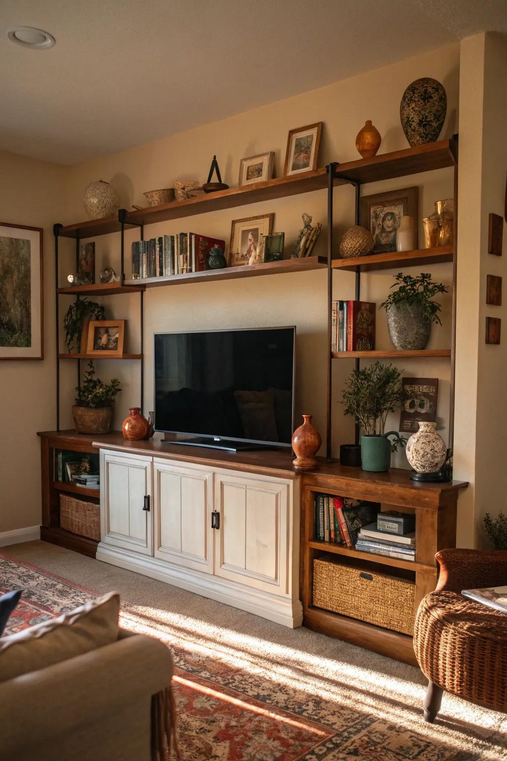 Shelves framing the TV for a seamless visual.
