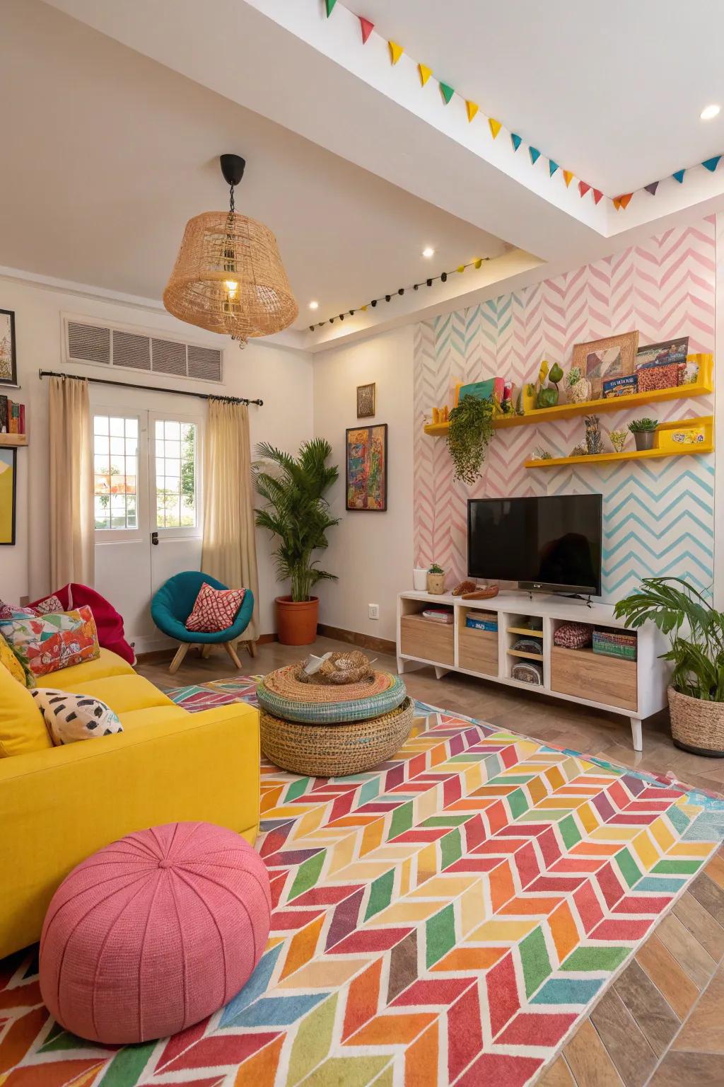 Vibrant living room with colorful herringbone tiles.