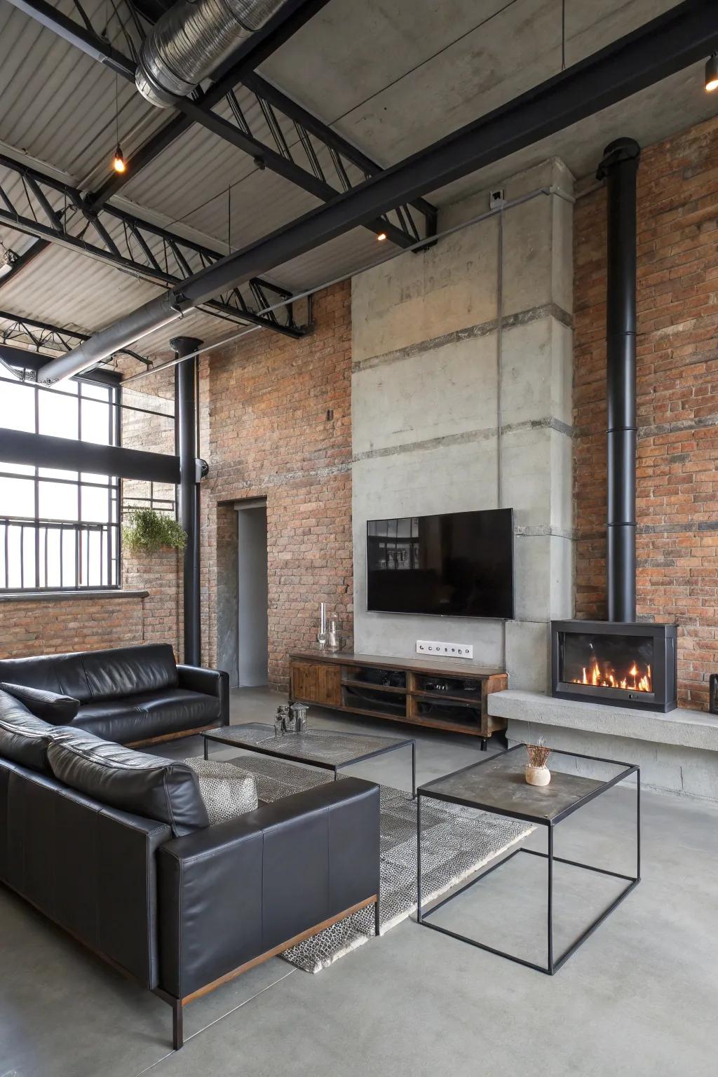 Industrial components provide a modern, urban vibe.