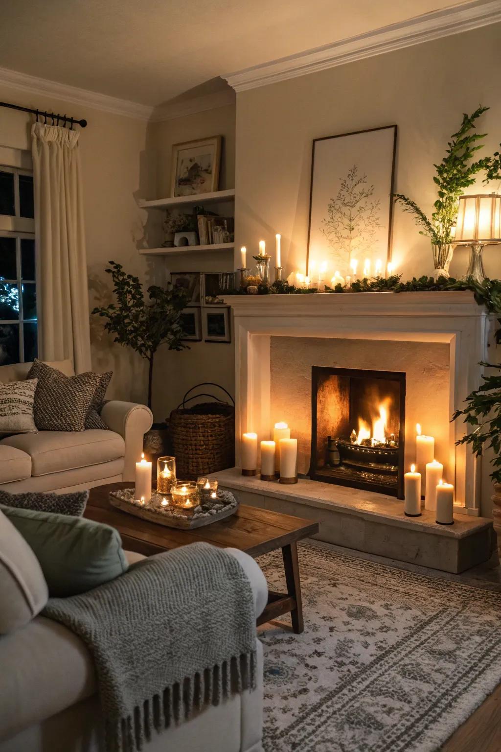 A warmly lit living room featuring a fireplace filled with elegant candles.