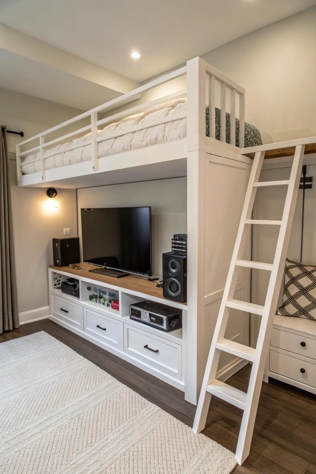Built-in entertainment centers under platform beds make for perfect relaxation zones.