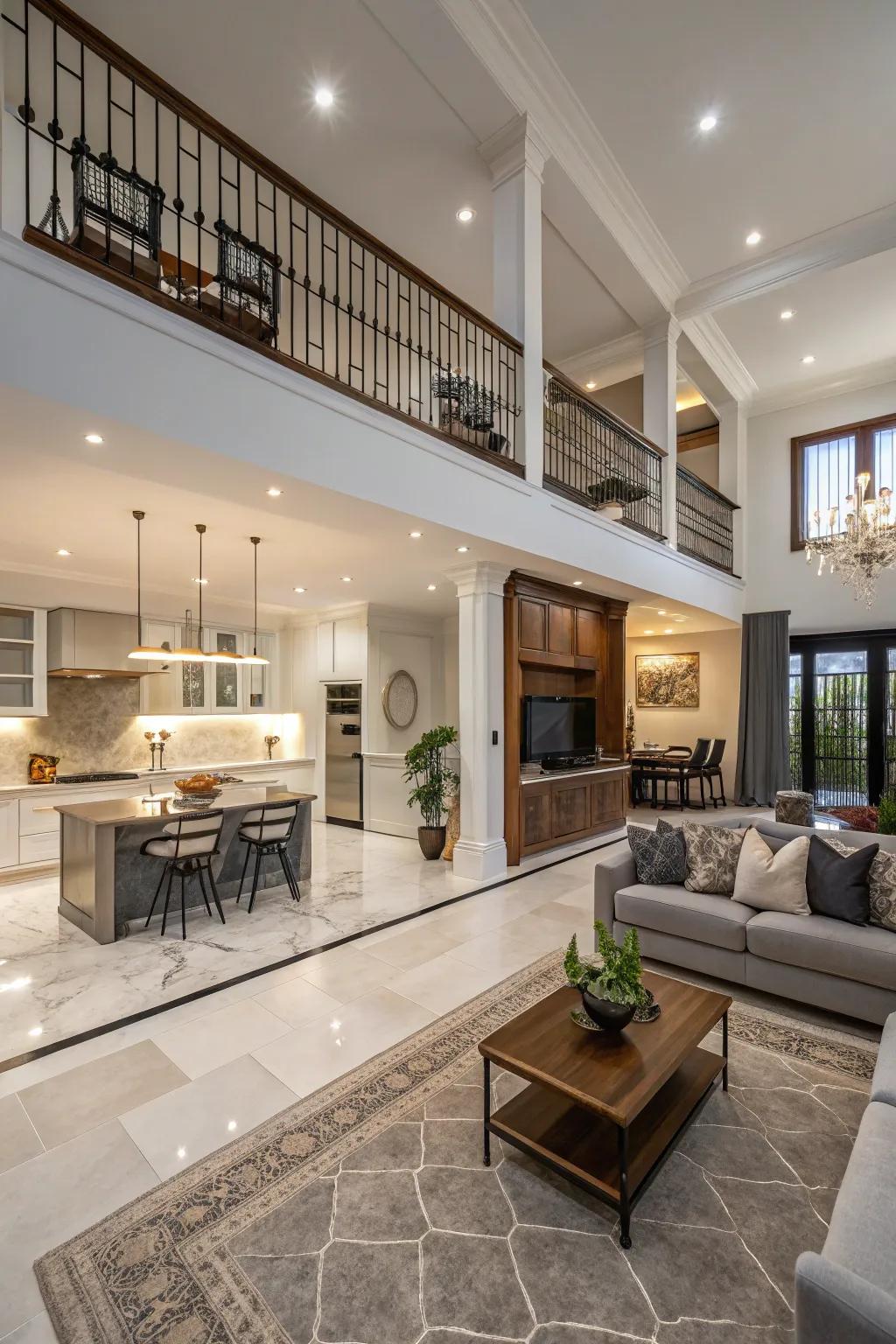 Multi-level flooring injects depth and definition.