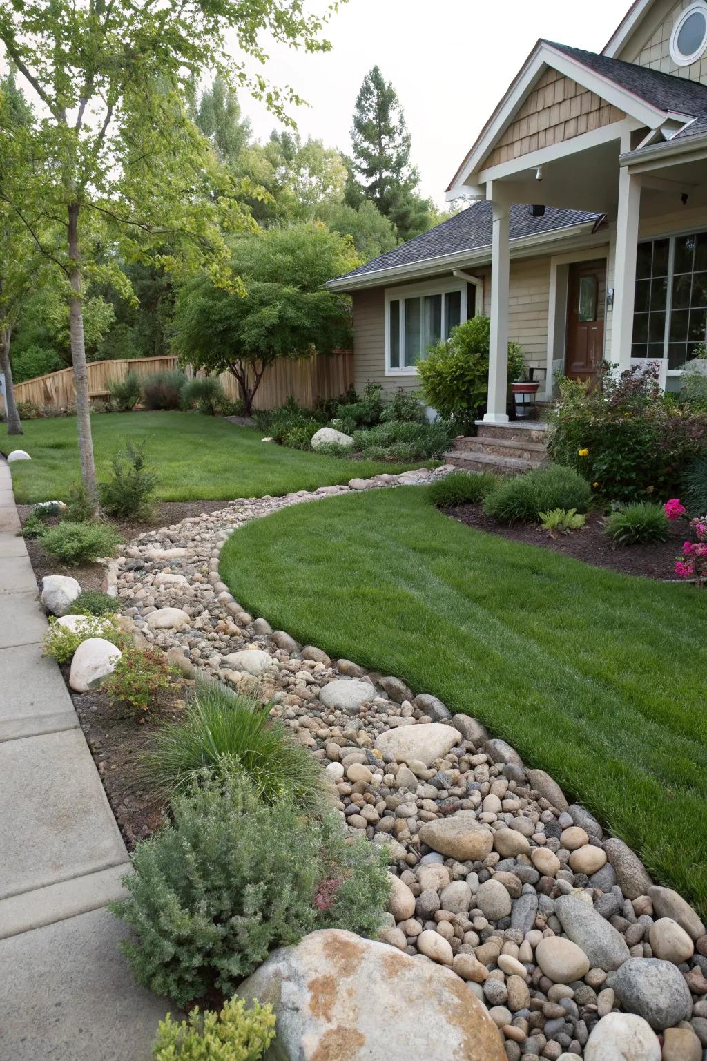 A harmonious pairing of stones and a compact lawn.