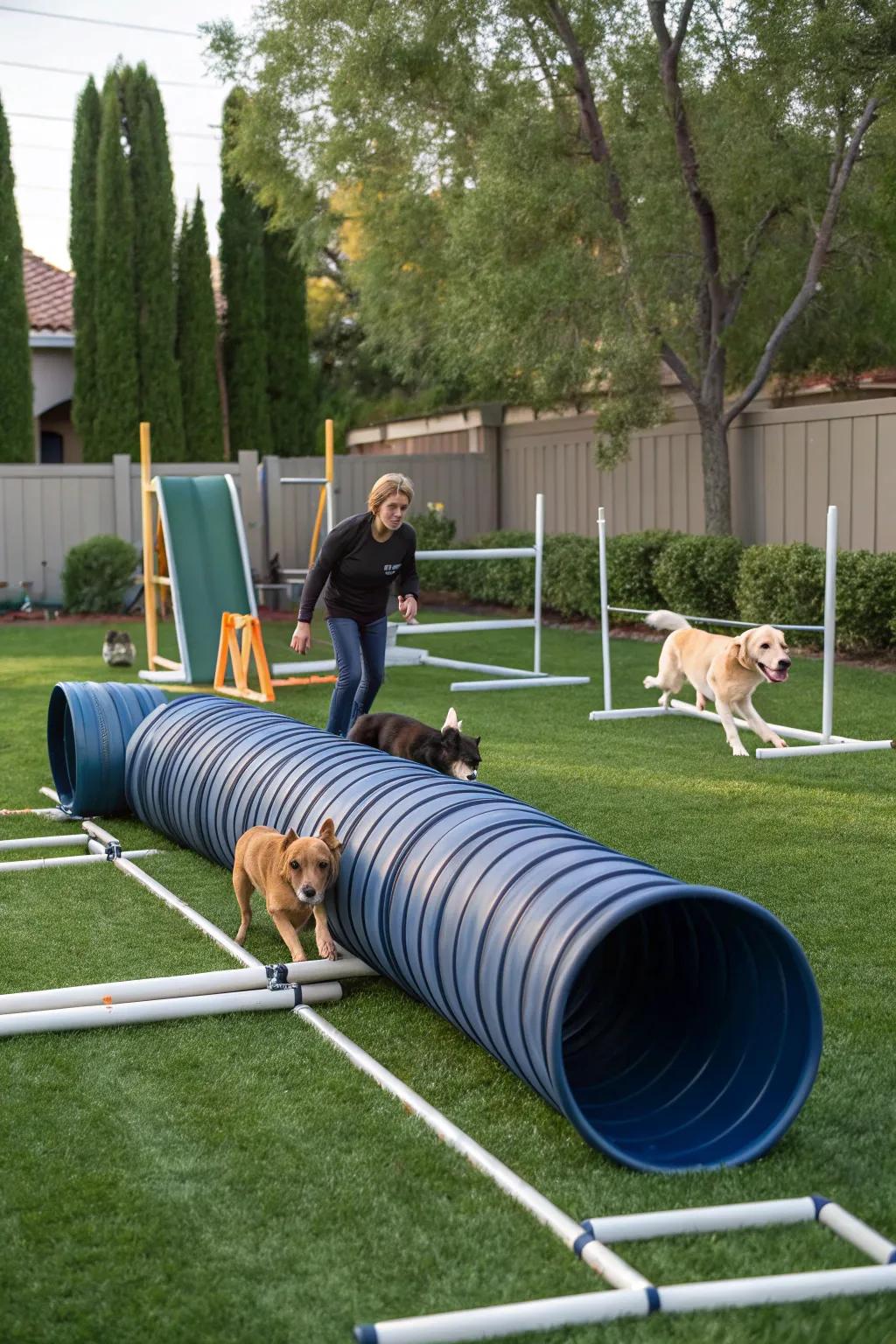 An engaging garden configuration with agility elements for active pets.
