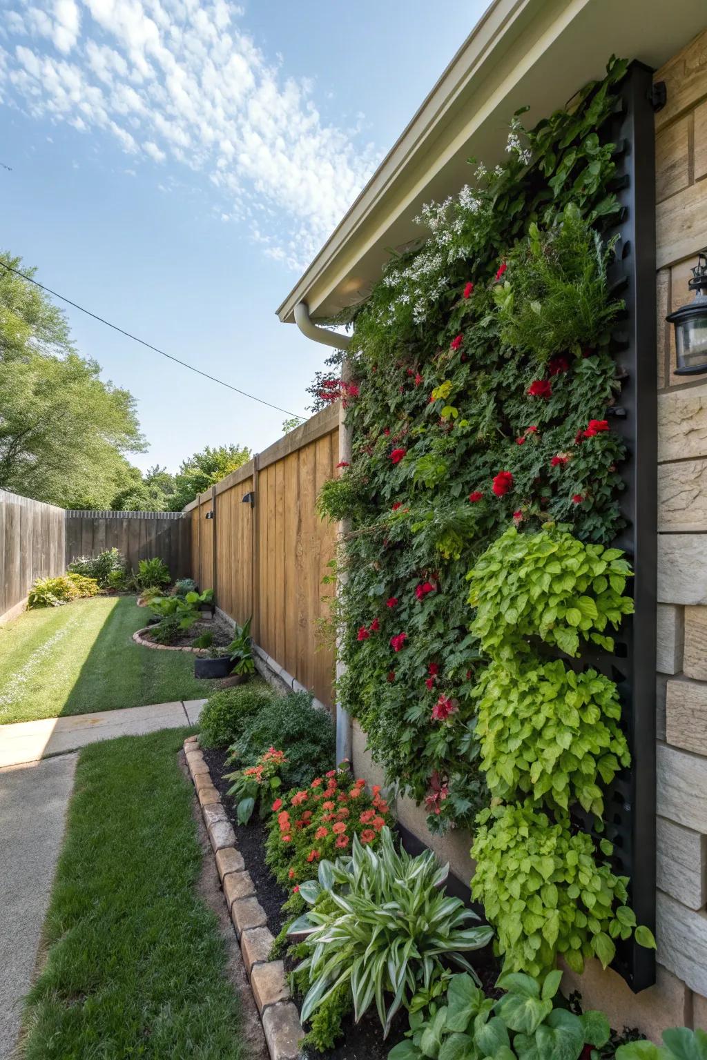 Upright gardens introduce vibrant greenery without requiring ground space.