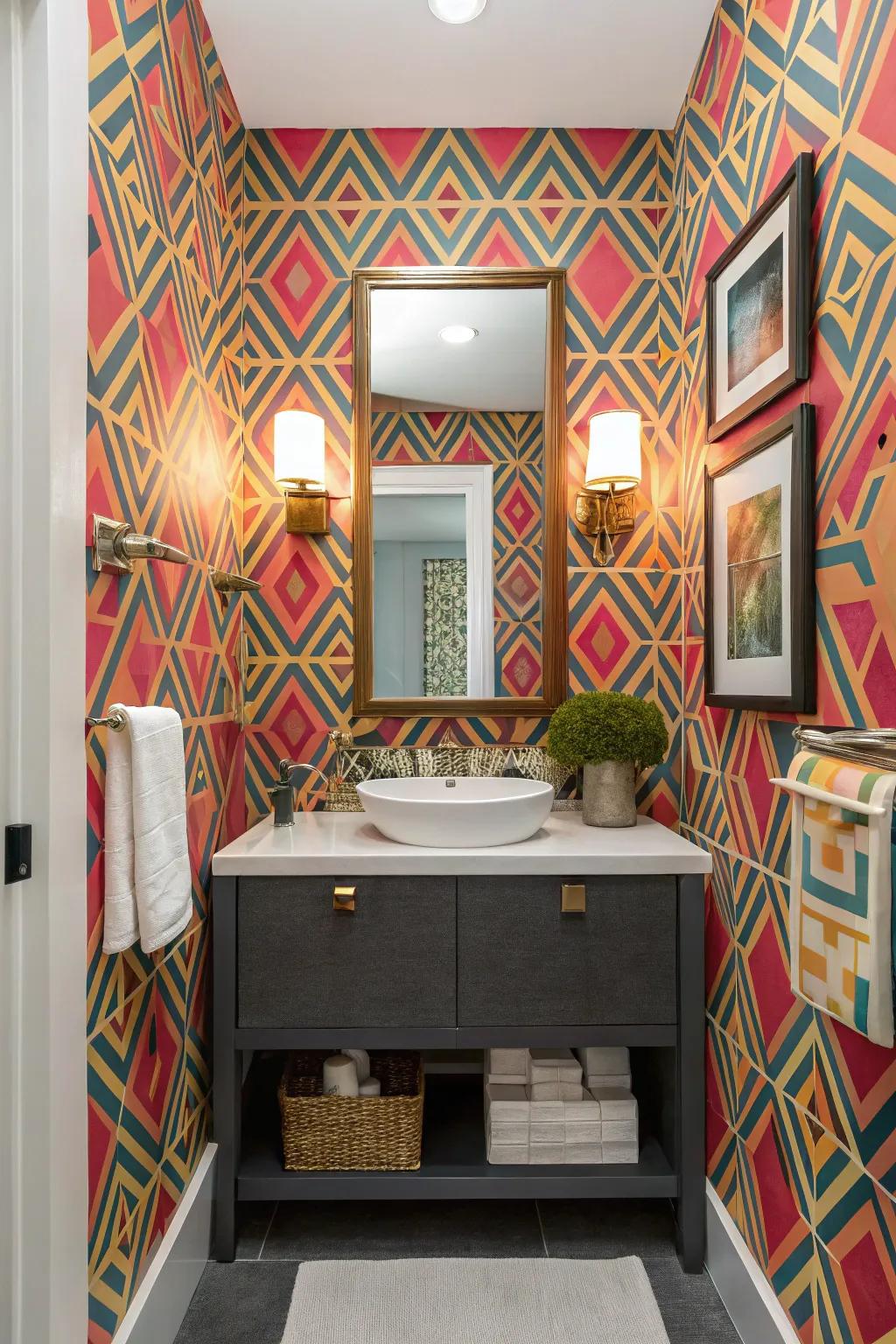 Impressive wall coverings create a powerful design declaration in this bathroom.