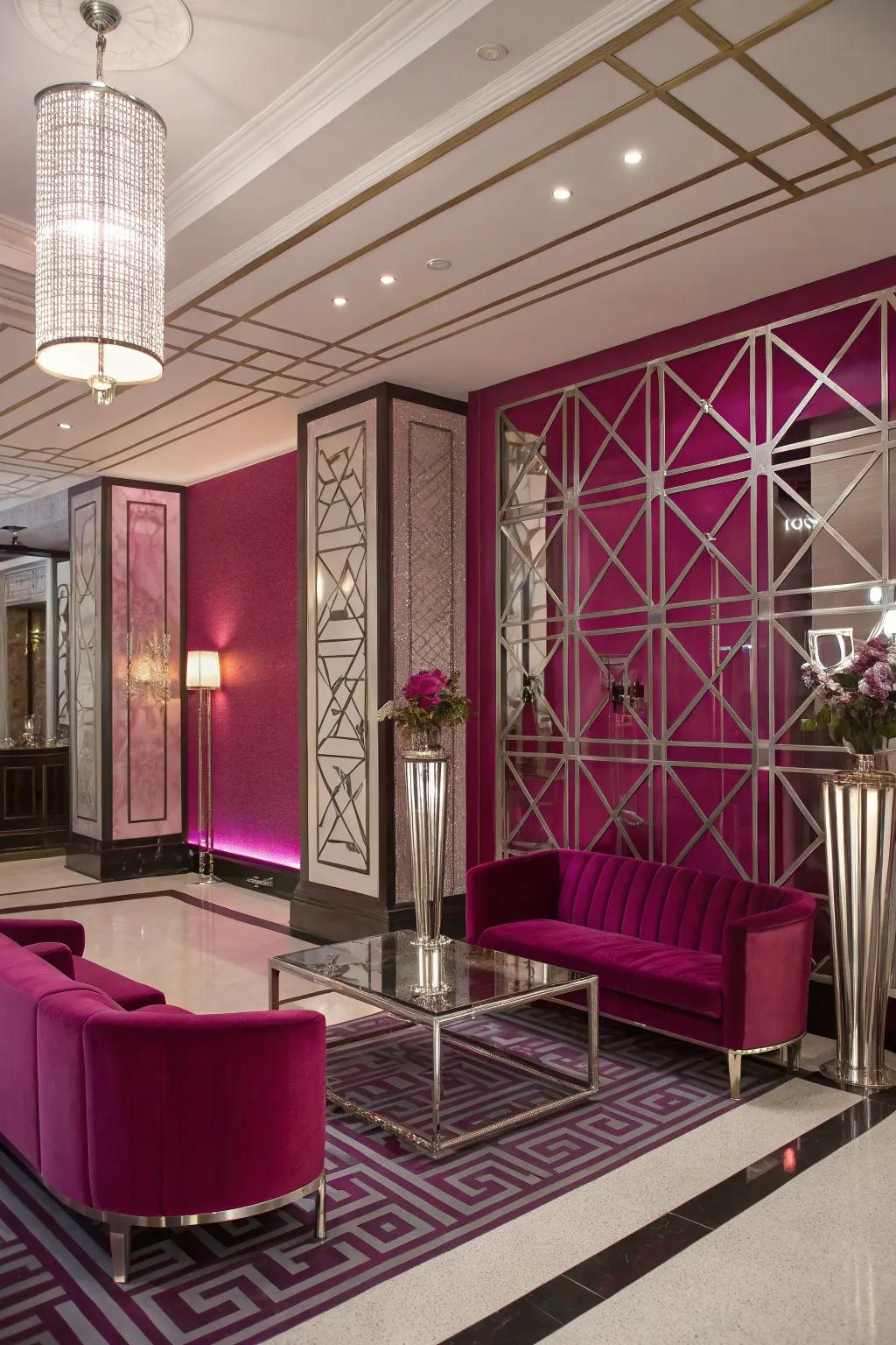 Cerise accents bring a modern twist to this Art Deco-inspired room.