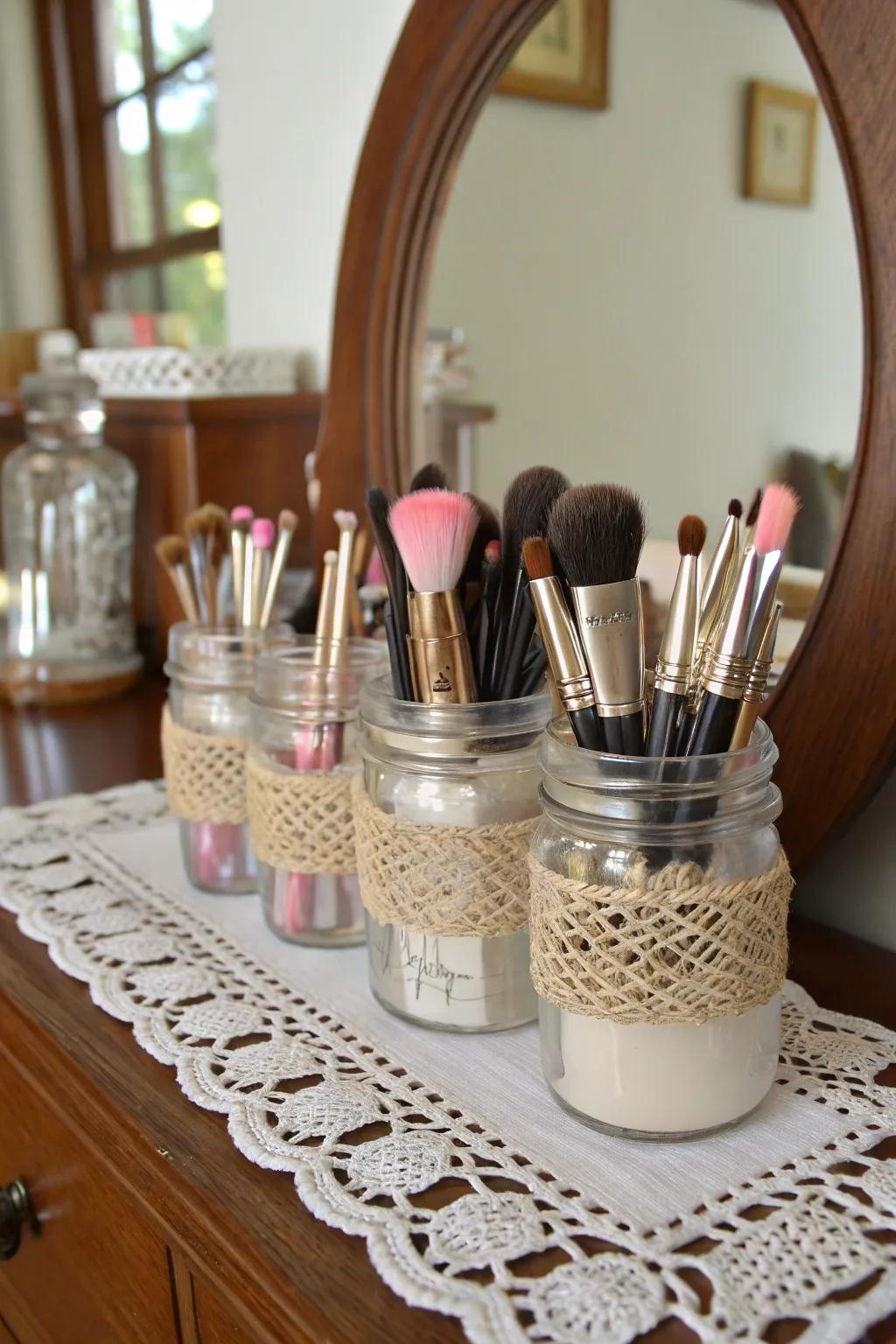 Preserving jars bring cottage-chic elegance when keeping makeup brushes.