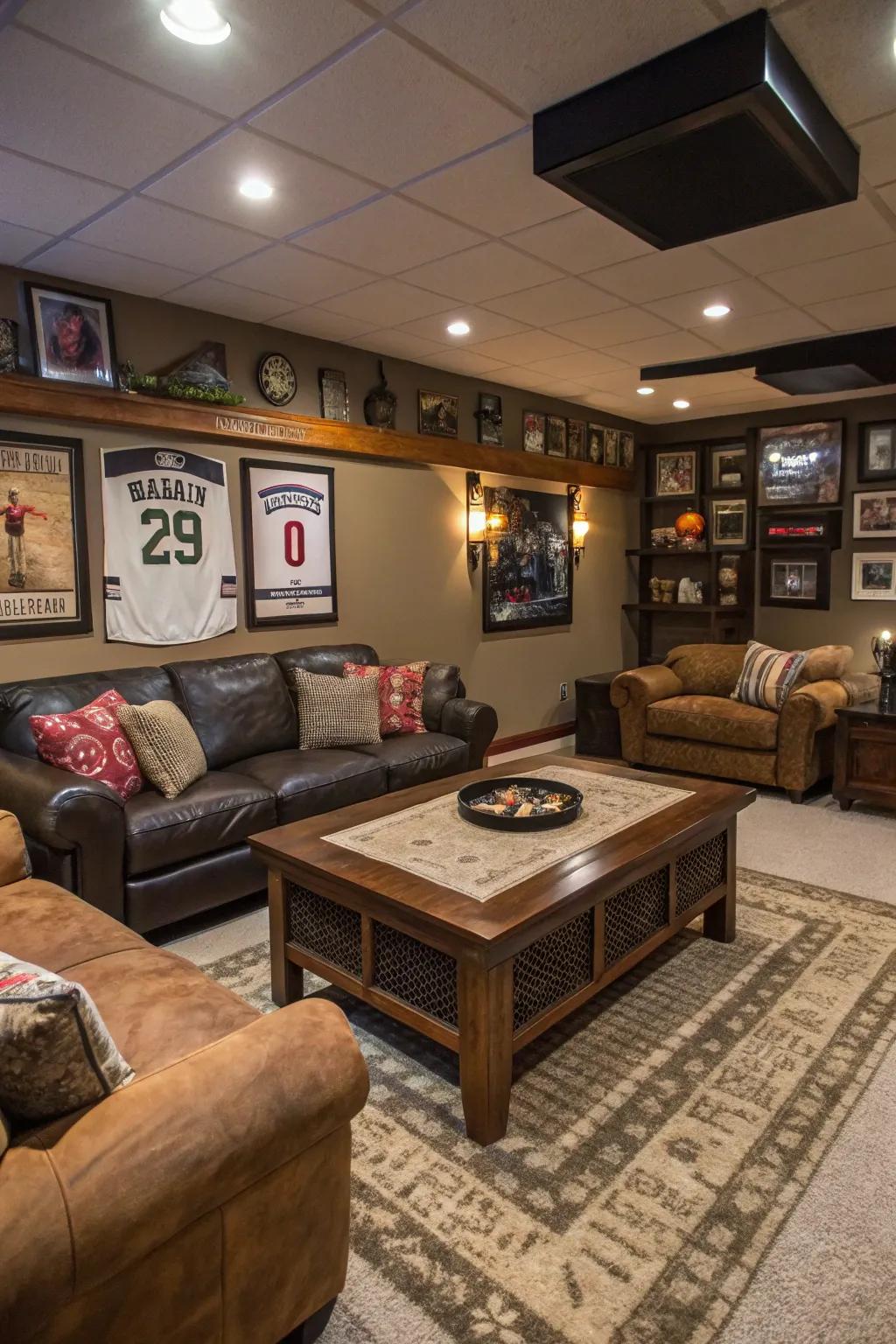 An eye-catching table centerpiece anchors the arrangement inside this stylish man cave.