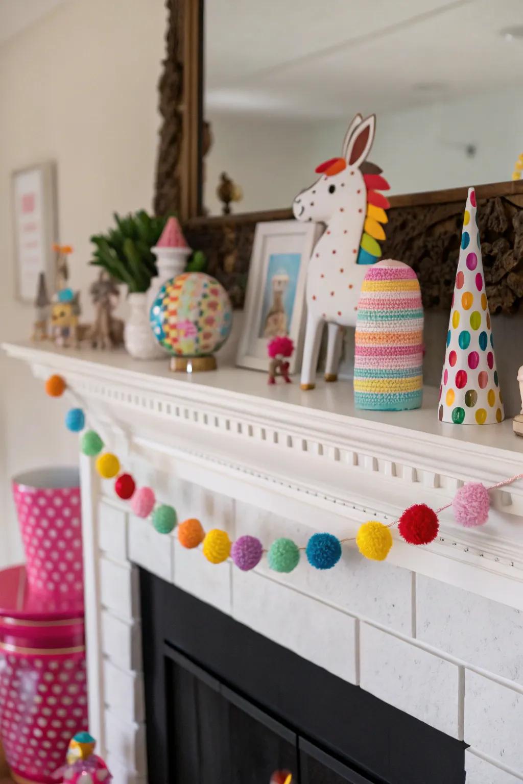 Whimsical touches add a playful and joyful vibe to the mantel.