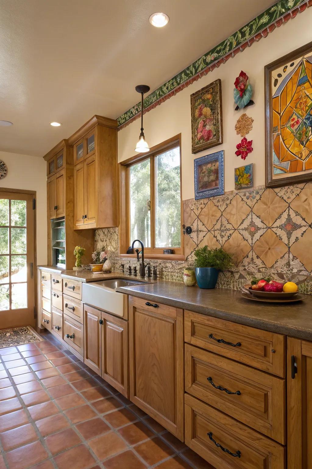 A creative culinary space with lightwood units and artistic elements for a personal touch.