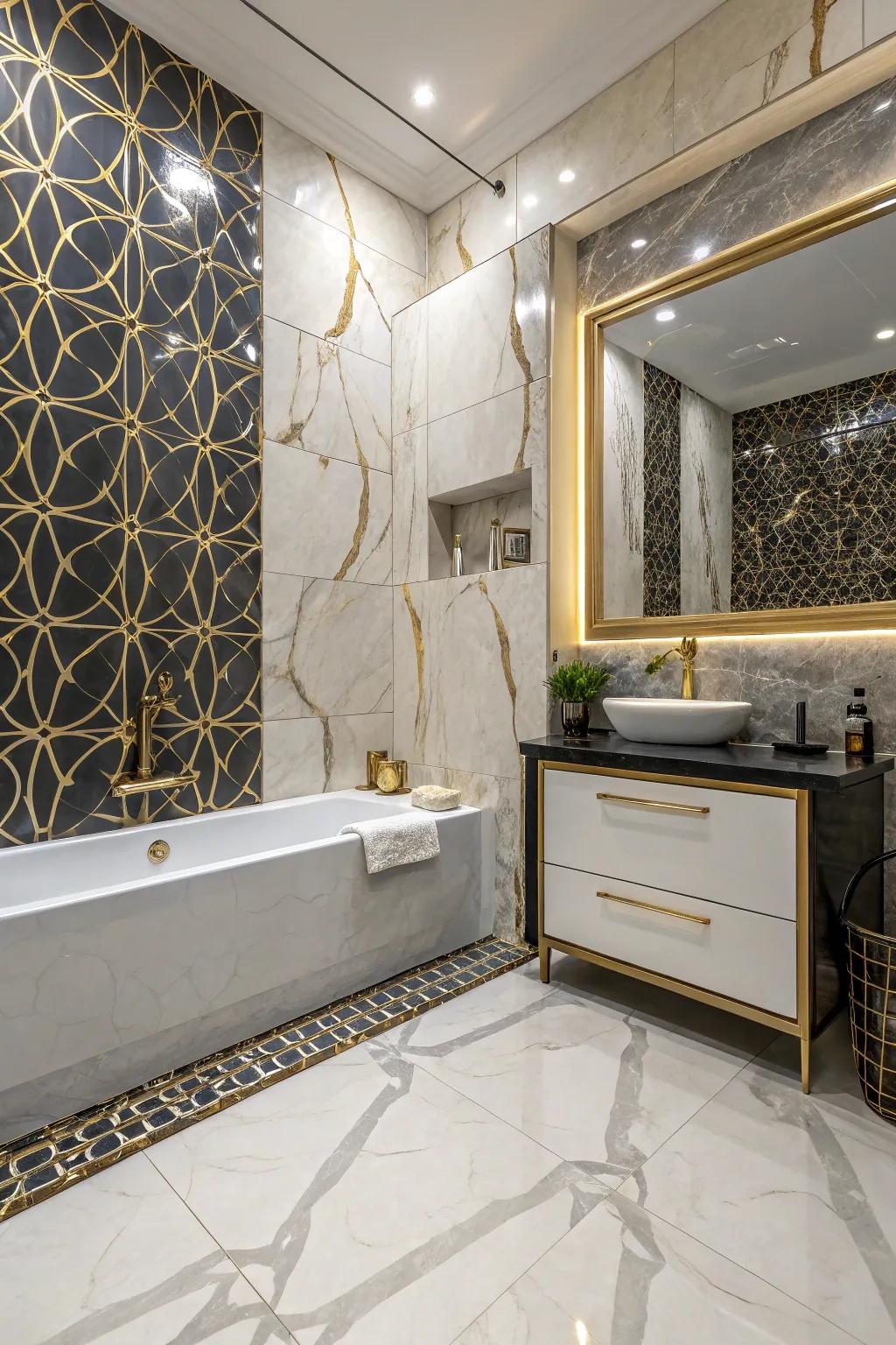A balanced and textured bathroom with reflective and non-reflective limestone-effect porcelain tiles.