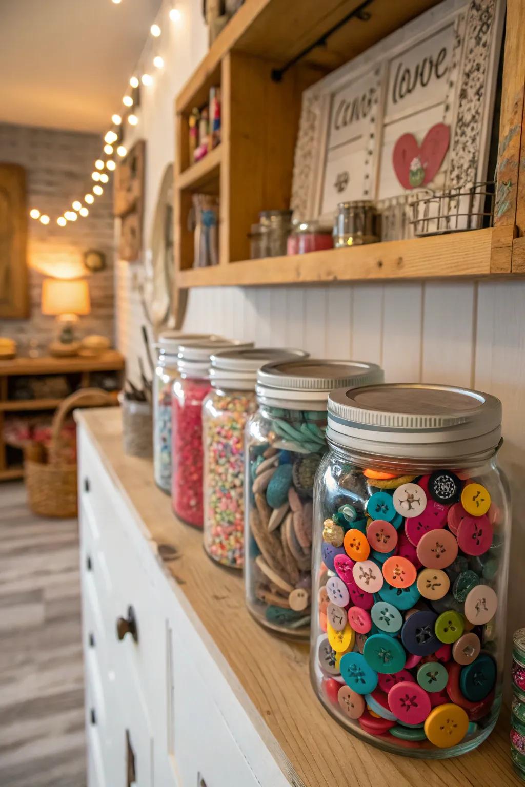 Introduce color and charm using old-fashioned fastener-filled glass jars.