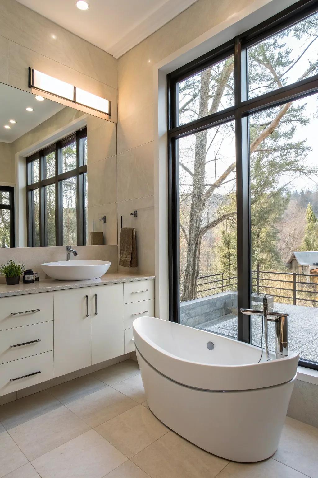 A contemporary bathroom design showcasing an asymmetrical vanity layout.