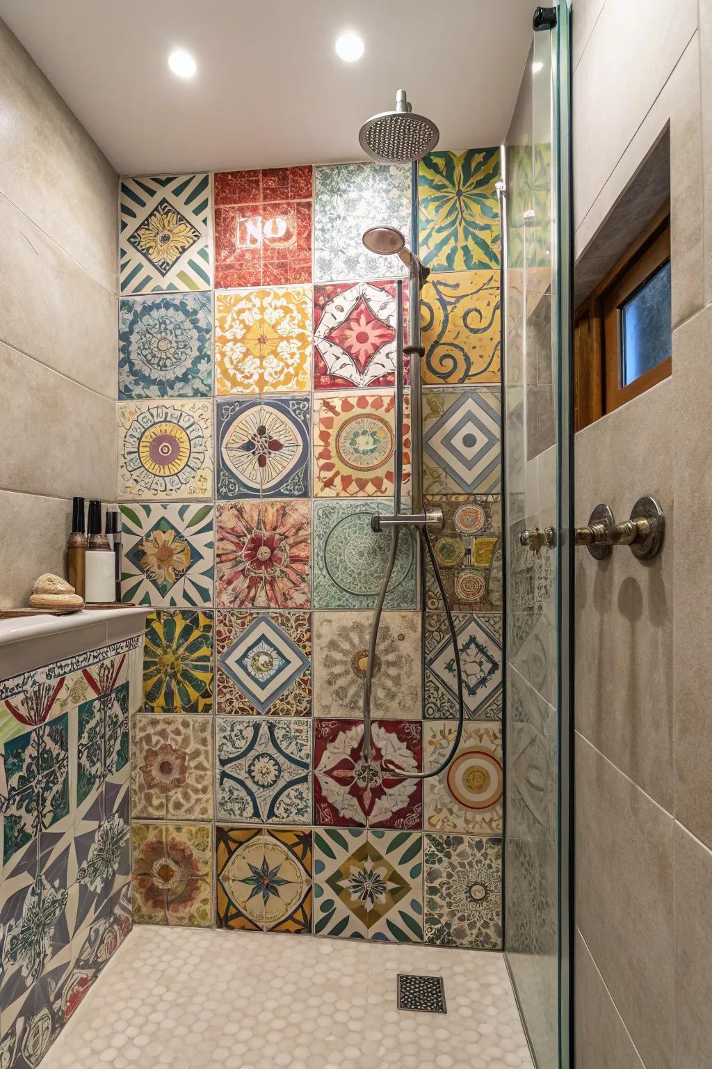 A shower stall exhibiting an eclectic synthesis of pavers for an ingenious, customized sensation.