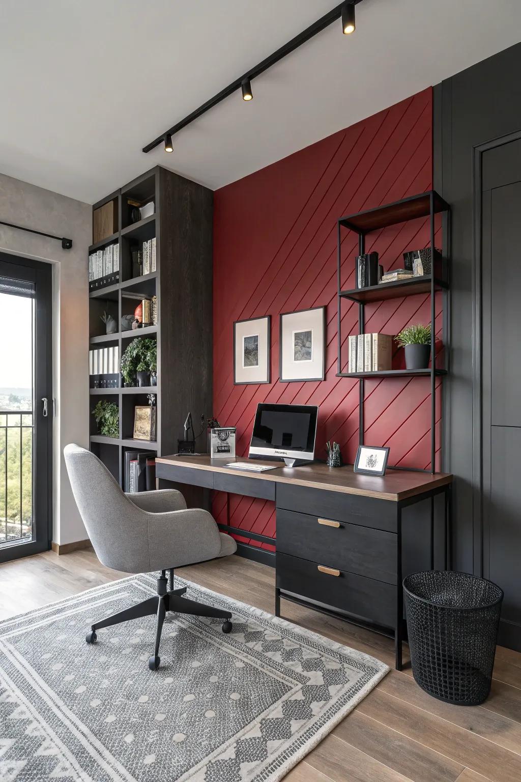An accentuated partition adds a burst of character to this home office.