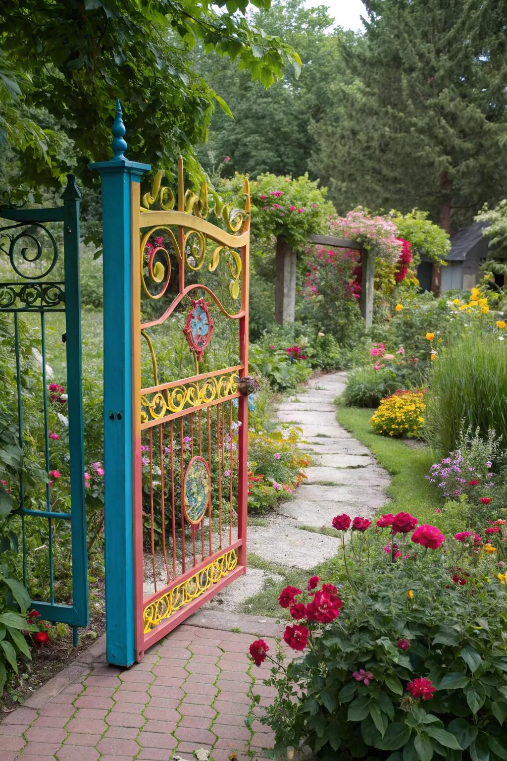 A colorful metal gate adding a daring and vibrant accent to your abode.