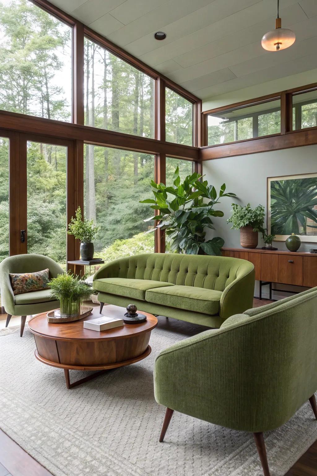 Avocado green accents contribute an authentic mid-century feel to this living space.