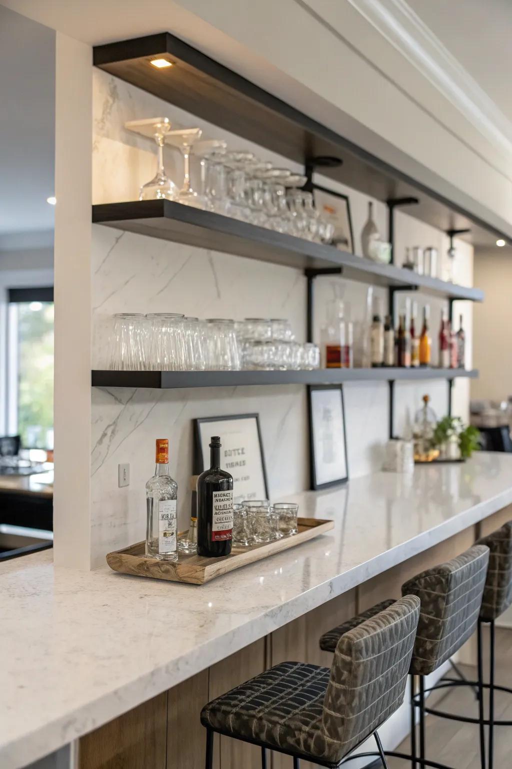 Wall-mounted display units proffer minimalist storage functionalities whilst exhibiting a streamlined aesthetic.