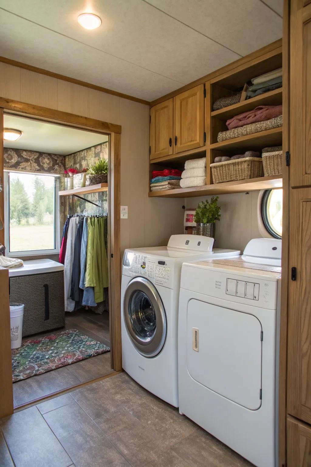 A well-equipped clothes washing area including washing machine, dryer, in addition to stowage, making clothes washing tasks hassle-free.