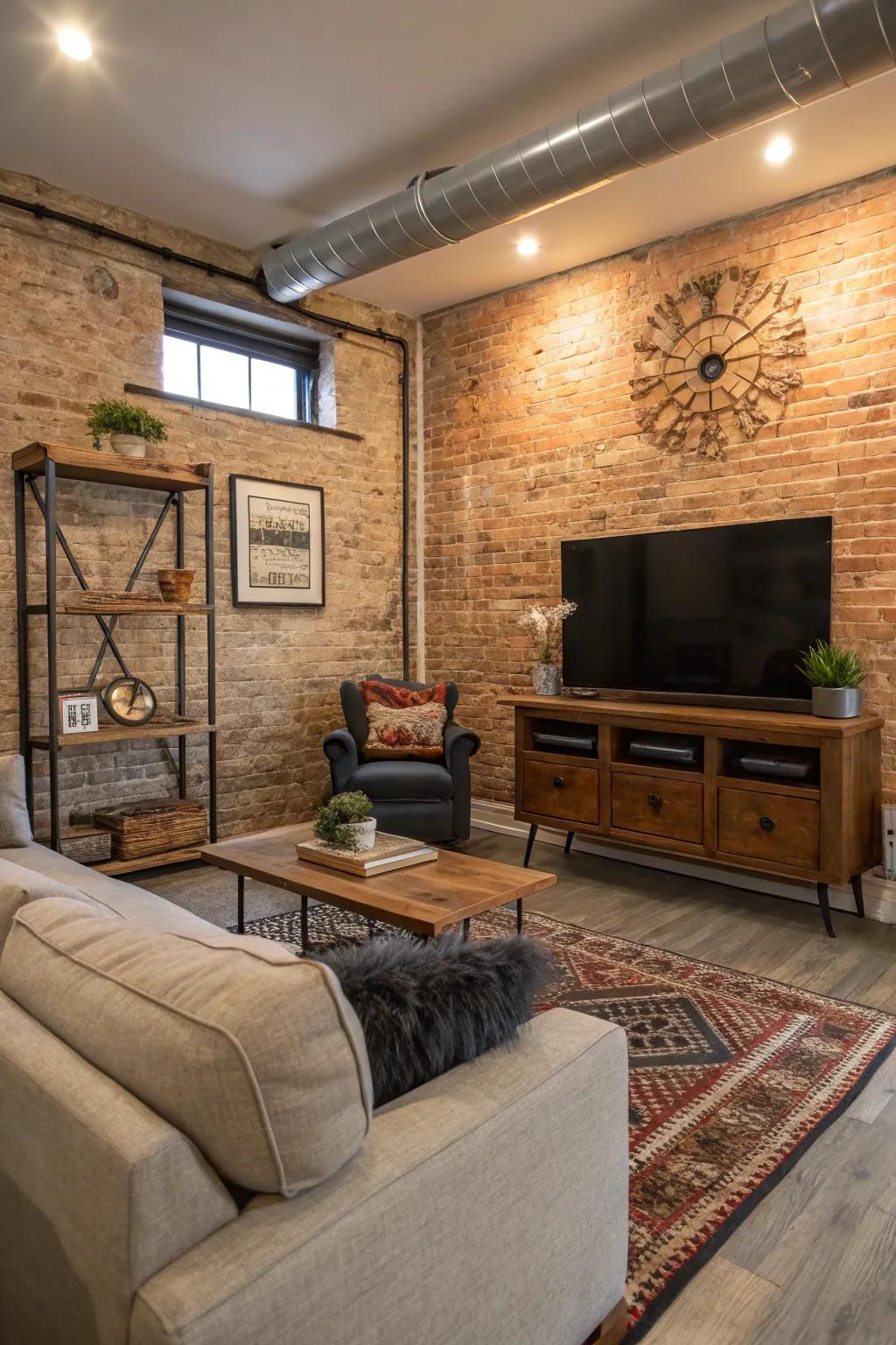 Exposed brickwork contributes industrial charm to the TV wall.
