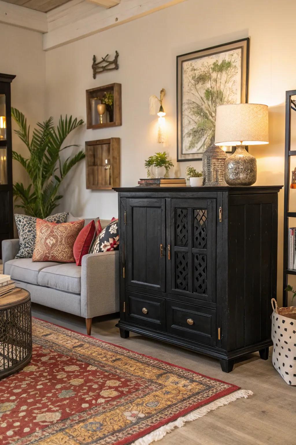 A statement black furniture piece anchors the room with an undeniable sophistication.
