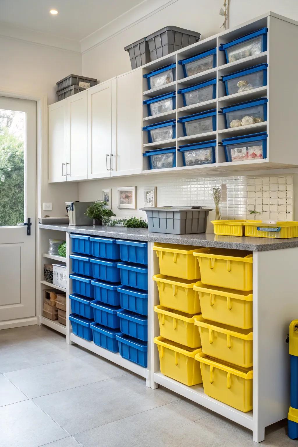 Smart storage solutions retain the kitchen organized and on-theme.