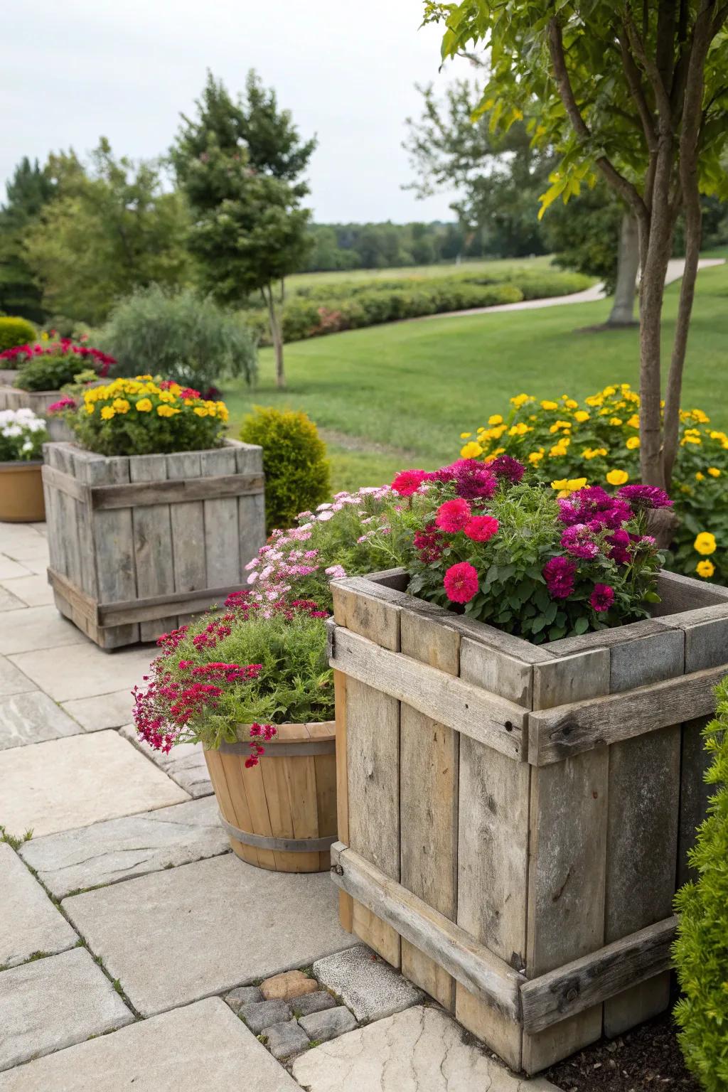 Reprocessed timber adds a rustic and earth-friendly touch to gardens.