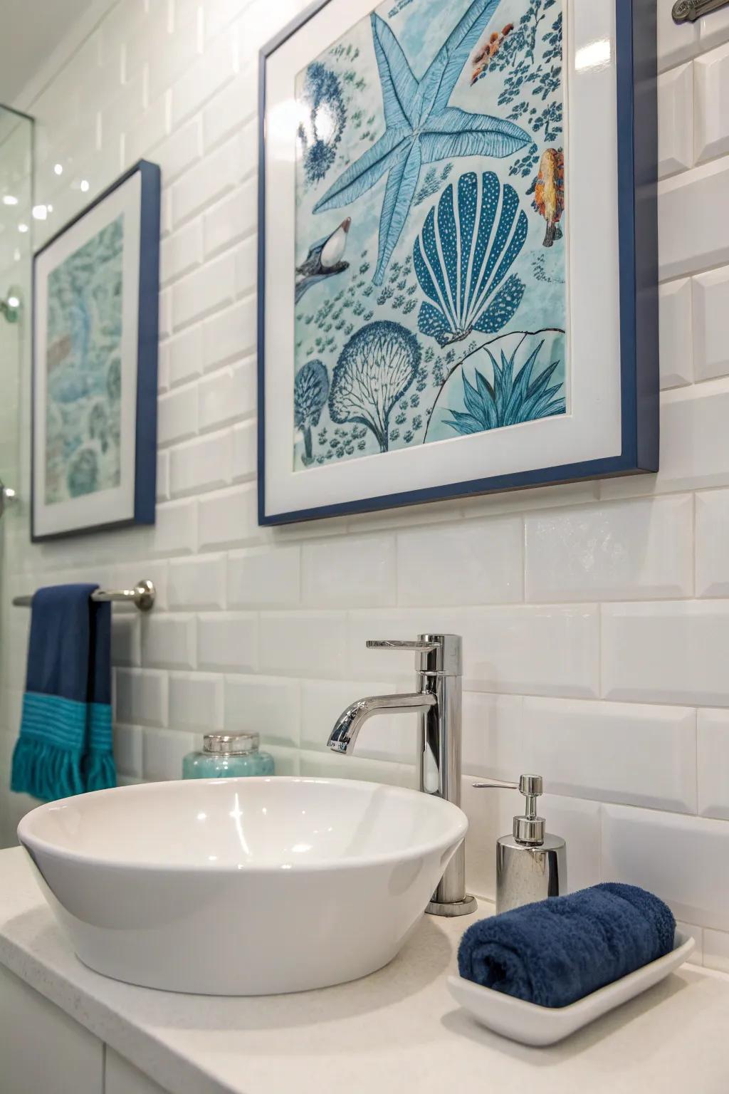 A splash of light color enlivens the artwork in a powder room.