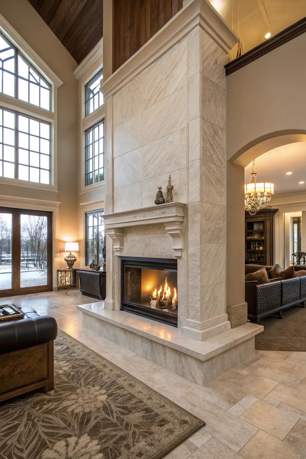 Durable and expressive quartz stone fireplace.