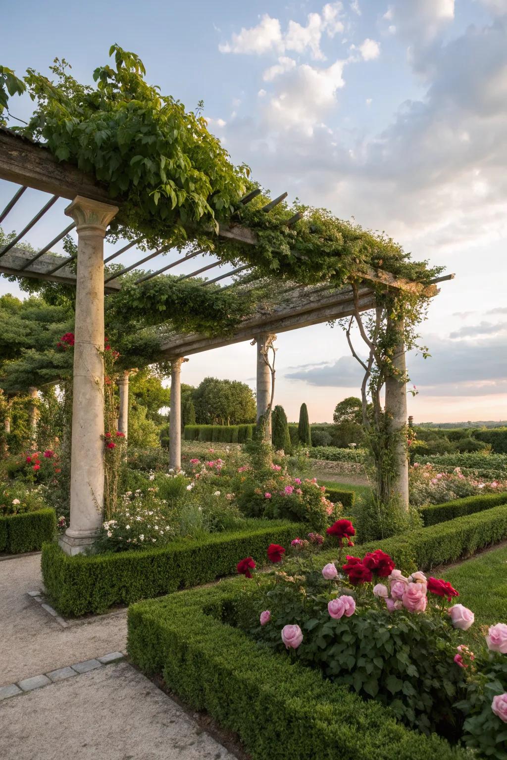 Pergolas furnish shade and a foundational framework for a soothing garden getaway.