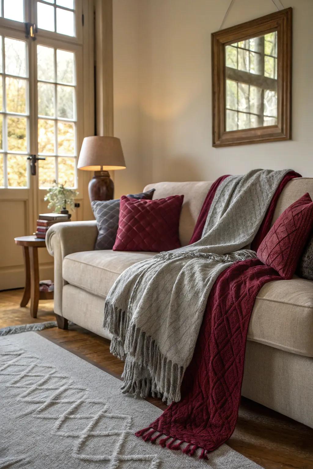 Living room setting featuring a layering burgundy and grey throws on a sofa.