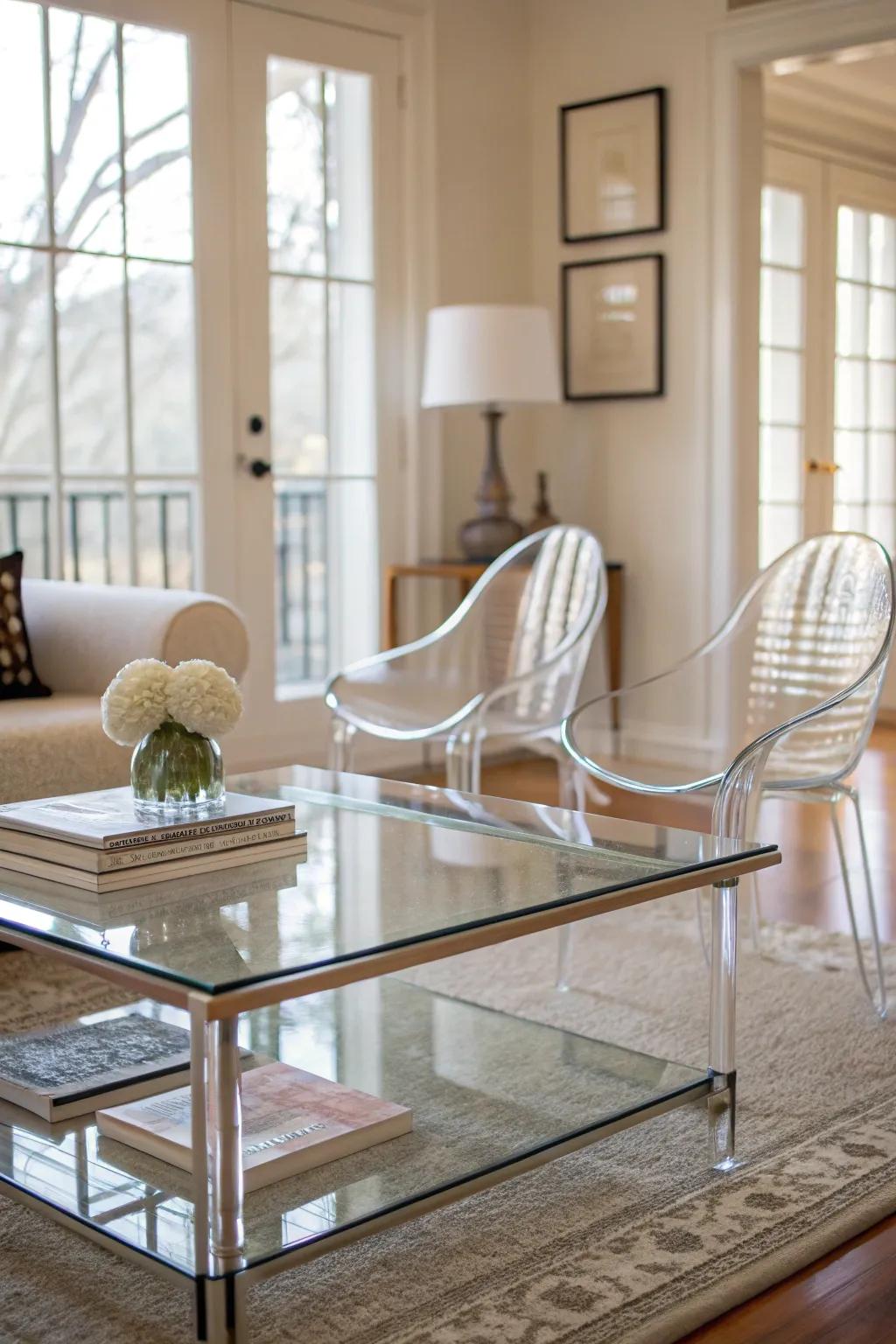 See-through furnishings keep spaces airy.