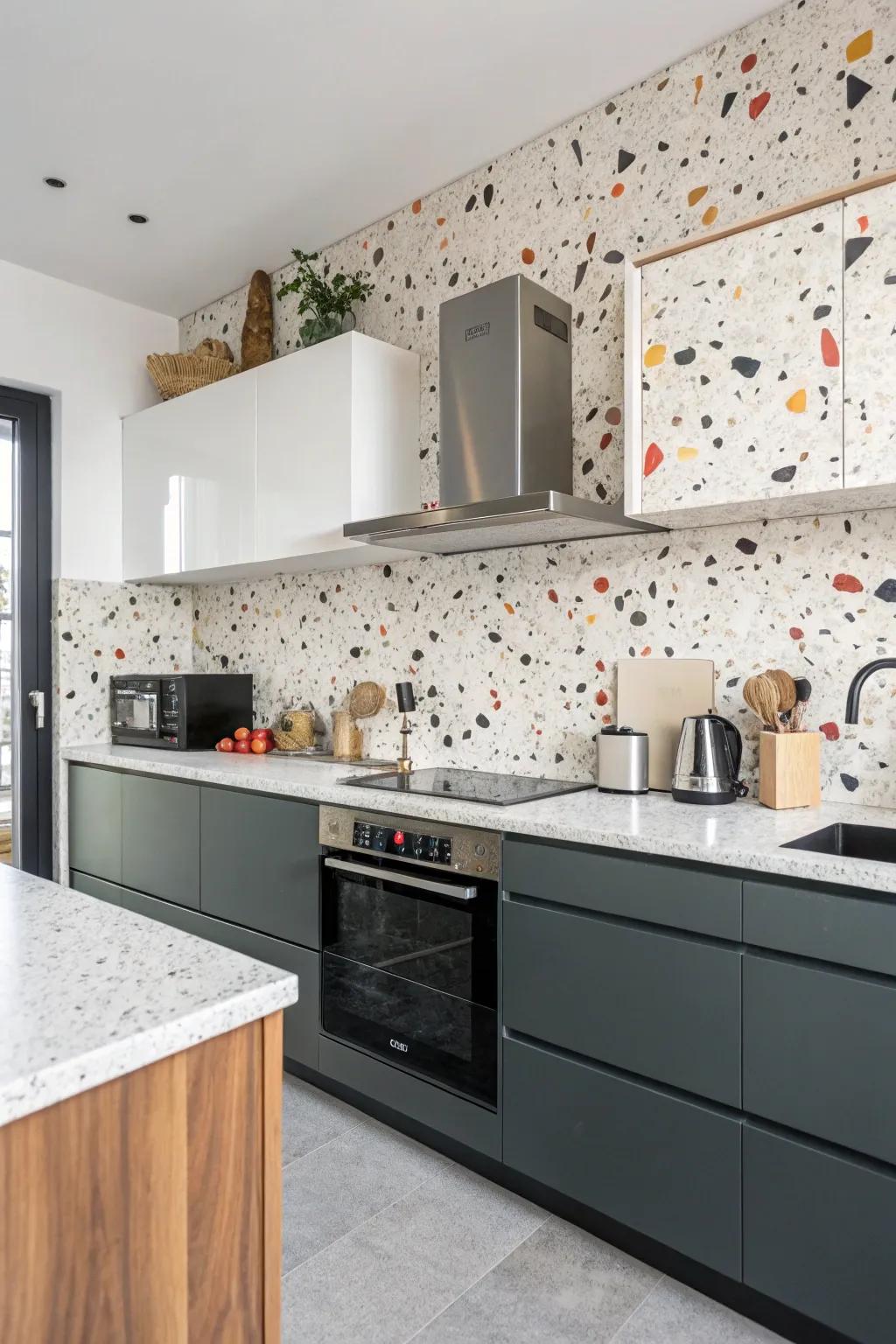 Speckled tiles add spirited texture and color.