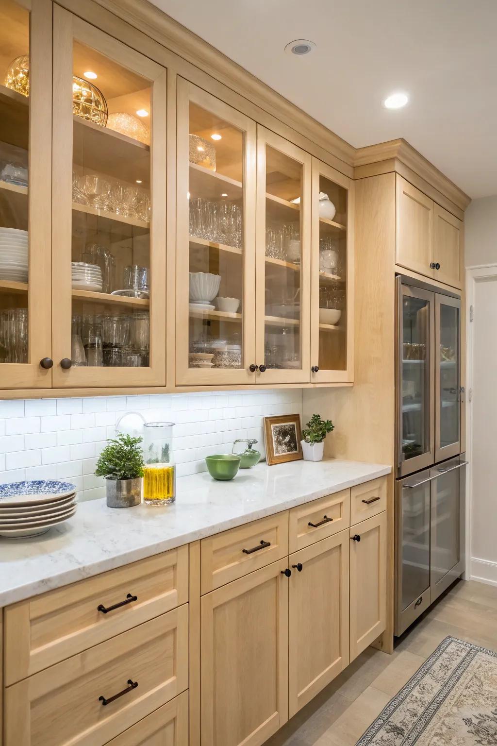 Translucent cabinet fronts add spaciousness and display opportunities in a kitchen.