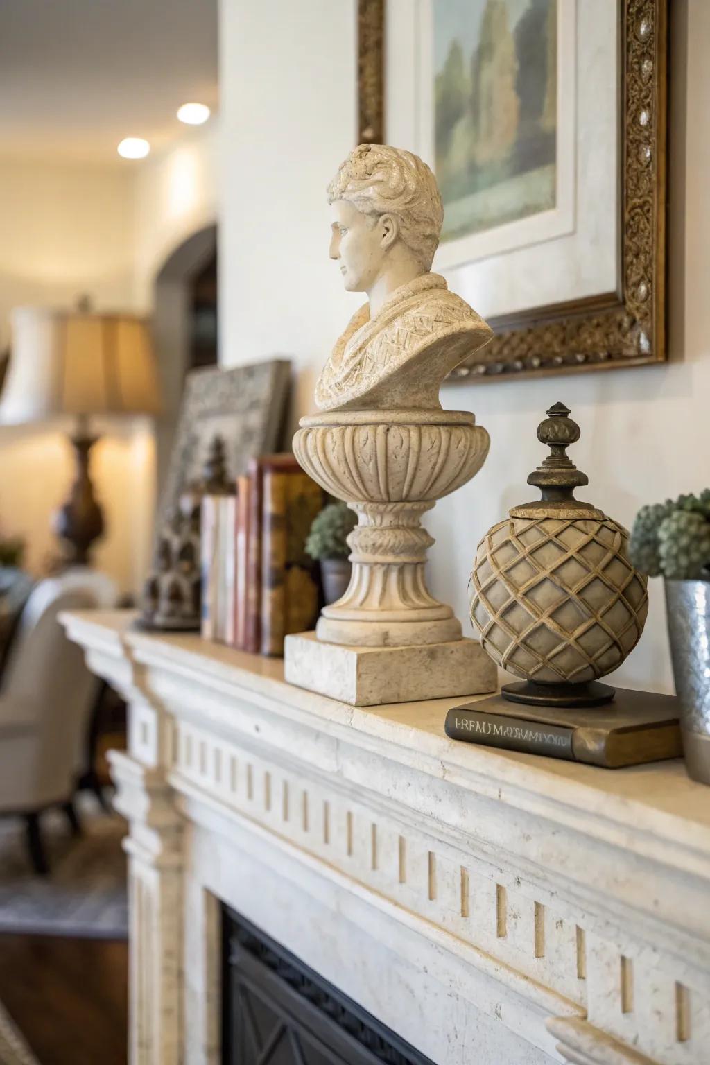 Sculpted accents can transform your mantel into a visual centerpiece.