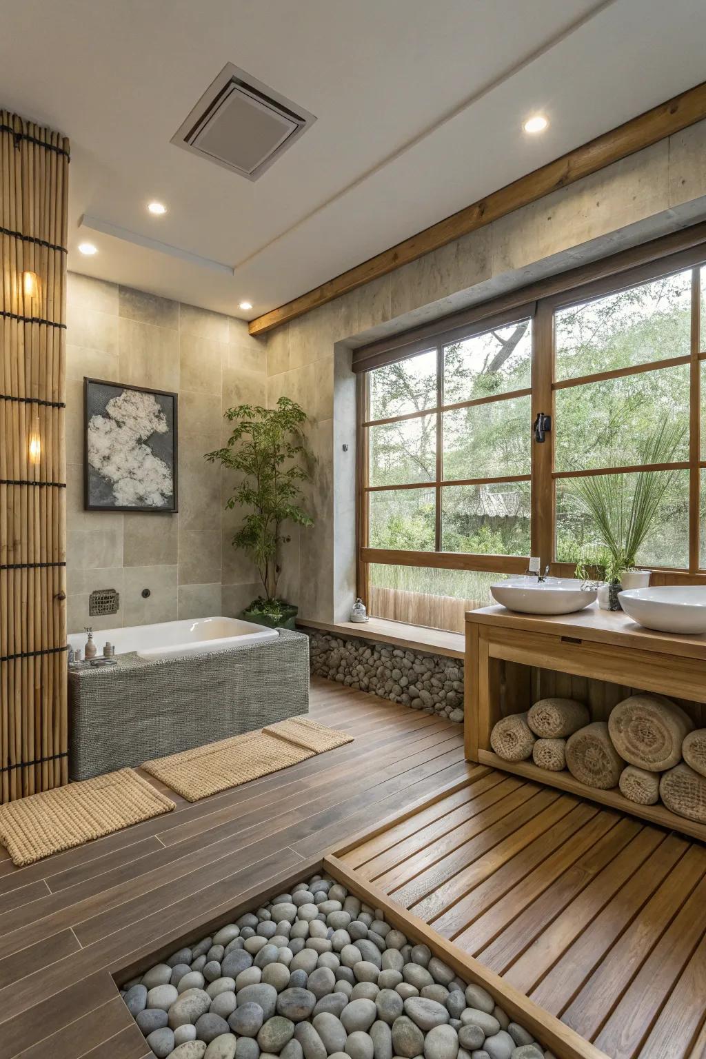 Zen-inspired components craft a peaceful retreat in the bathroom.
