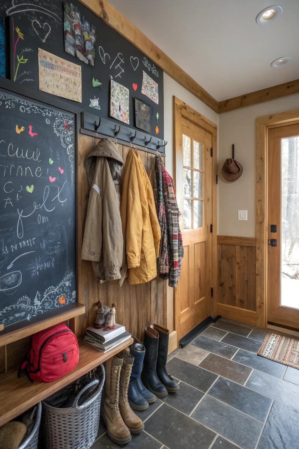 A wall-mounted writing board adds both playfulness and functionality to your mudroom.