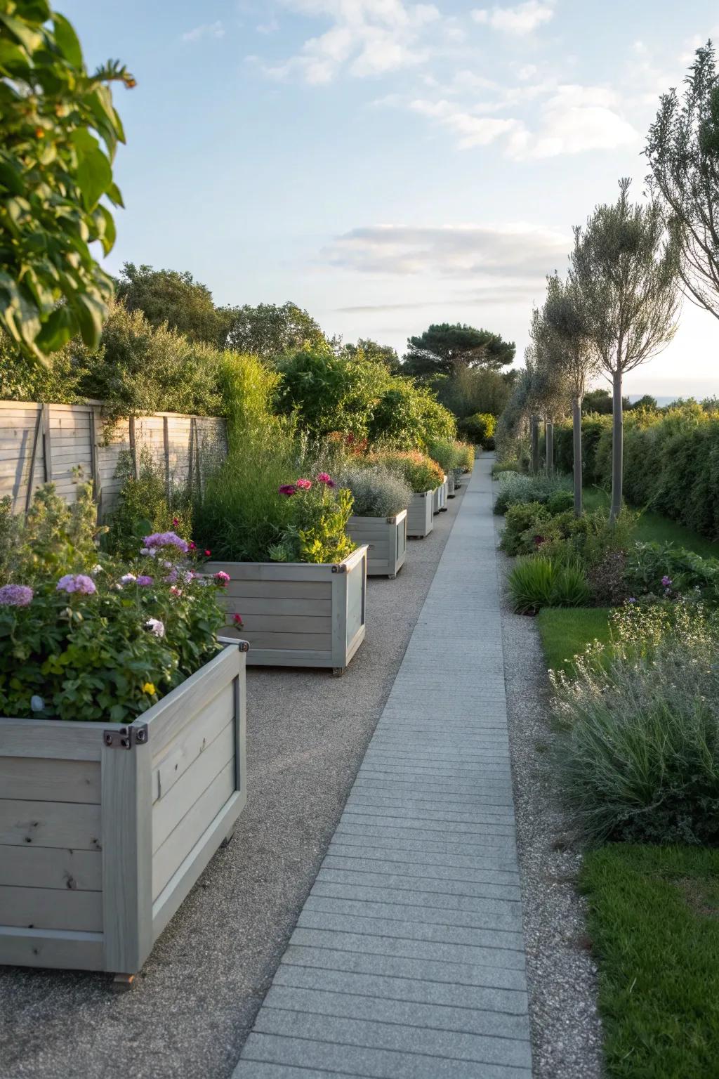 A garden walkway with multi-functional features, blending beauty with utility.