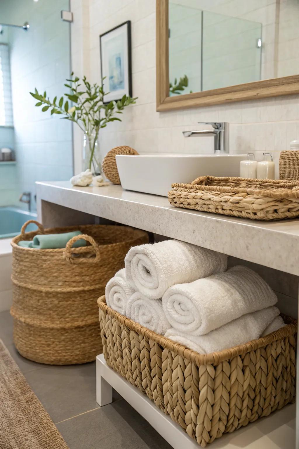 Woven baskets proffer a chic means to exhibit towels.